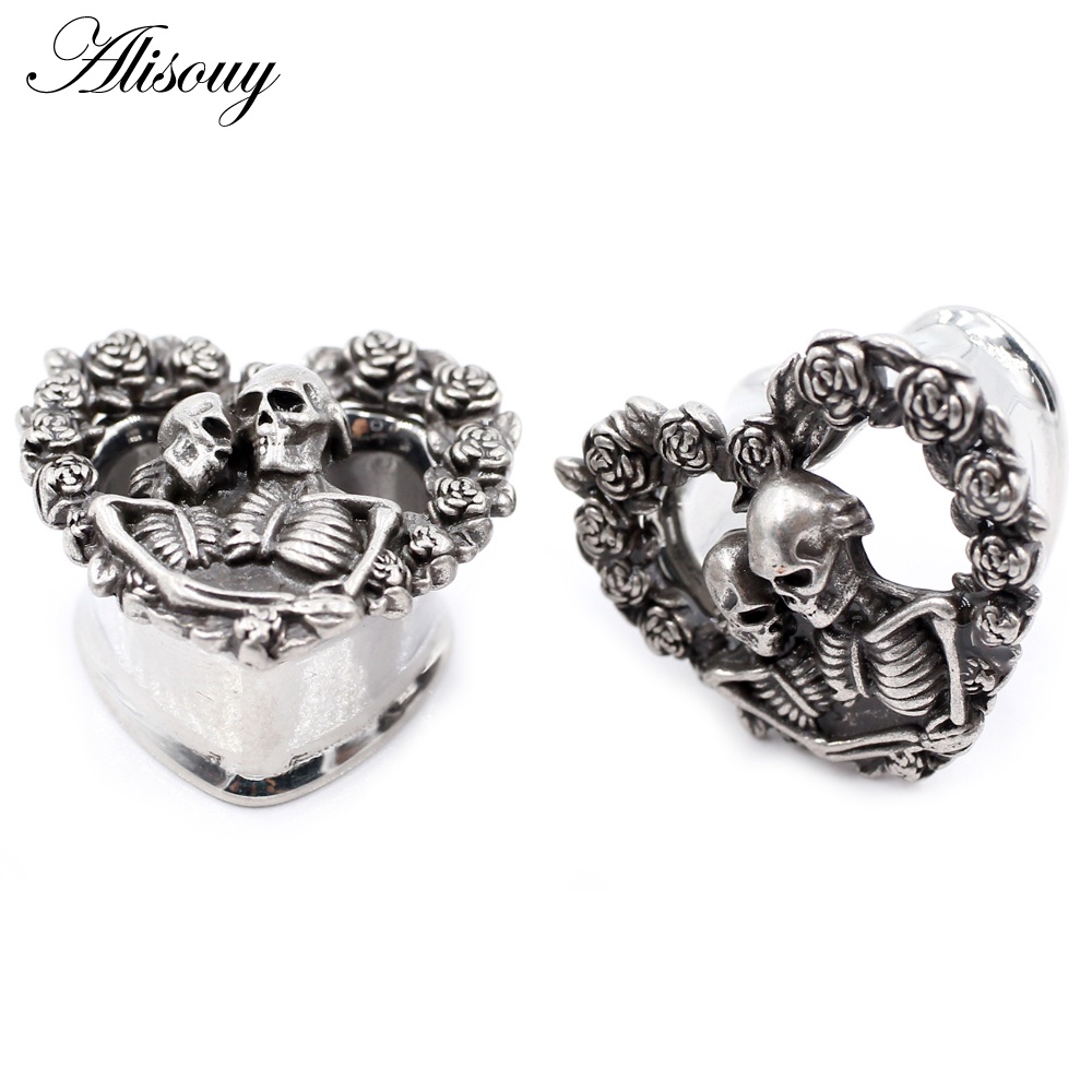 Alisouy 2 ชิ้น 8 มิลลิเมตร-25 มิลลิเมตร Retro สแตนเลส Skull Rose ดอกไม้หัวใจหูปลั๊กอุโมงค์ Expander Stretchers วัดเจาะเครื่องประดับ