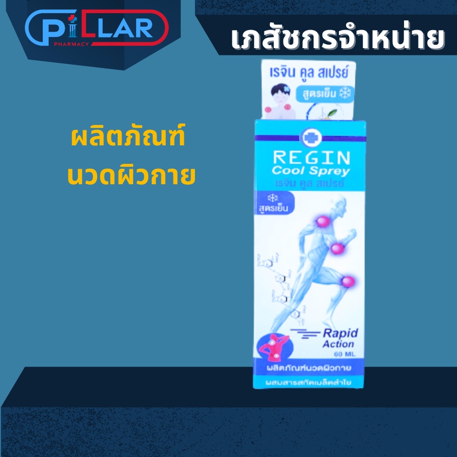 Regin Cool Sprey สเปรย์เเก้ปวดสูตรเย็น จากสารสกัดเมล็ดลำใย ลดอาการปวด อักเสบของกล้ามเนื้อเเละข้อ 60 ml .