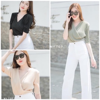 MY TOP H15 เสื้อพลีท ทรงไขว้อก งานสวย ดูแพง คุณภาพ เกินราคา ผ้าคอตตอน ใส่สบาย นุ่มนิ่ม งานป้าย MY TOP