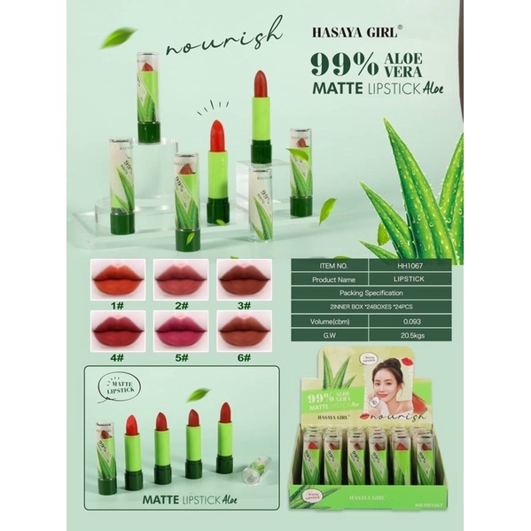 ✔️ราคา 240.-/กล่อง(24 แท่ง) 🛒Hasaya Girl Lipstick Aloe vera No.HH1067 ลิปสติก ว่านหาง 99% ลิปสี โทนสีสวย ติดทน