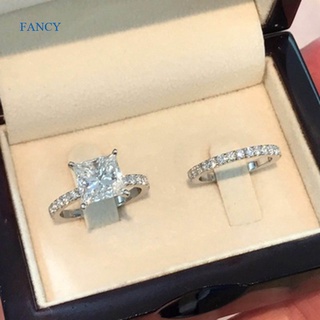 Fancyqube แหวนหมั้น ประดับเพชร ไพลิน เงินแท้ 925 สีขาวธรรมชาติ 2 ชิ้น ต่อชุด