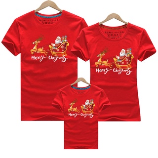 Rockystudio ชุดรอมเปอร์ เสื้อยืด ผ้าฝ้าย พิมพ์ลาย Merry Christmas Santas Deer ไซส์ S-5XL สําหรับครอบครัว เด็กผู้ชาย ผู้หญิง