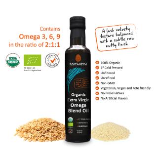 Rawganiq น้ำมันรวมอุดมไปด้วยโอเมก้า 3,6,9 Organic Extra Virgin Omega Blend Oil (2:1:1), Cold Pressed,  Unrefined (275ml)