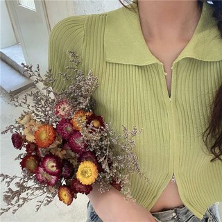 Bonnie(พร้อมส่ง/ใหม่)#5930เสื้อคอปกแขนสั้นไหมพรมเเต่งซิ๊บ​หน้ารูดได้จริง​