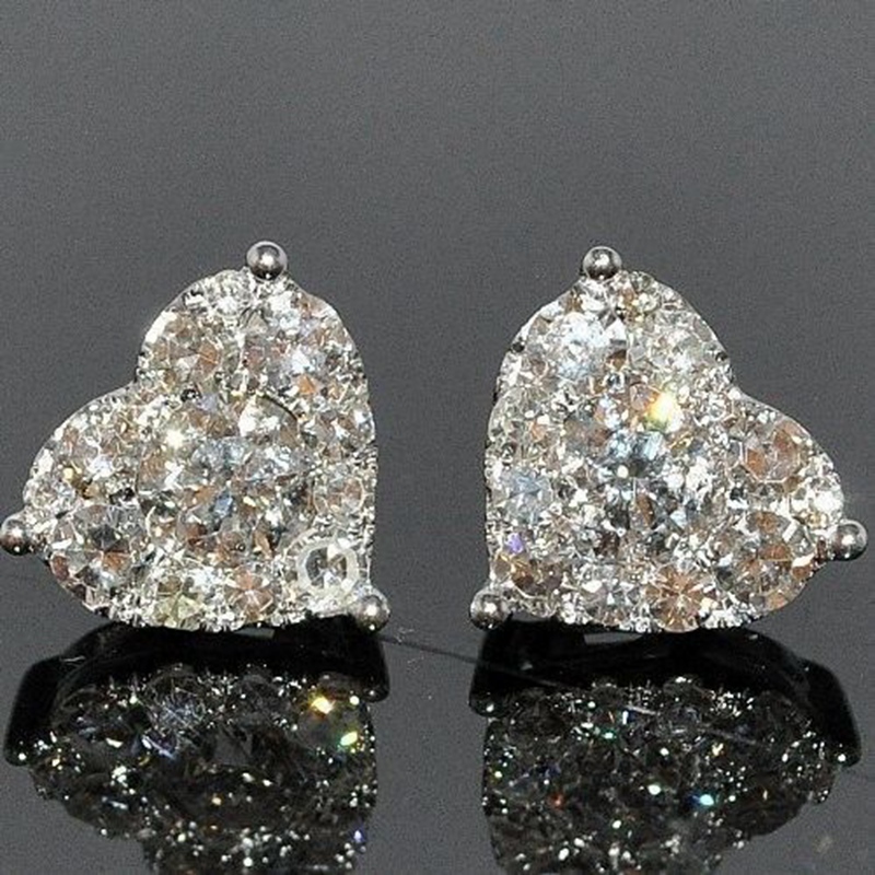 ต่างหูกระดุมชุบเงินแฟชั่นสตรี 925 คริสตัลเพชร Rhinestone หัวใจ