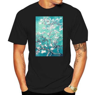 เสื้อยืดผ้าฝ้ายพรีเมี่ยม เสื้อยืด ผ้าฝ้าย พิมพ์ลาย Vincent Van Gogh Almond Blossoms Turquoise สีฟ้า สไตล์วินเทจ