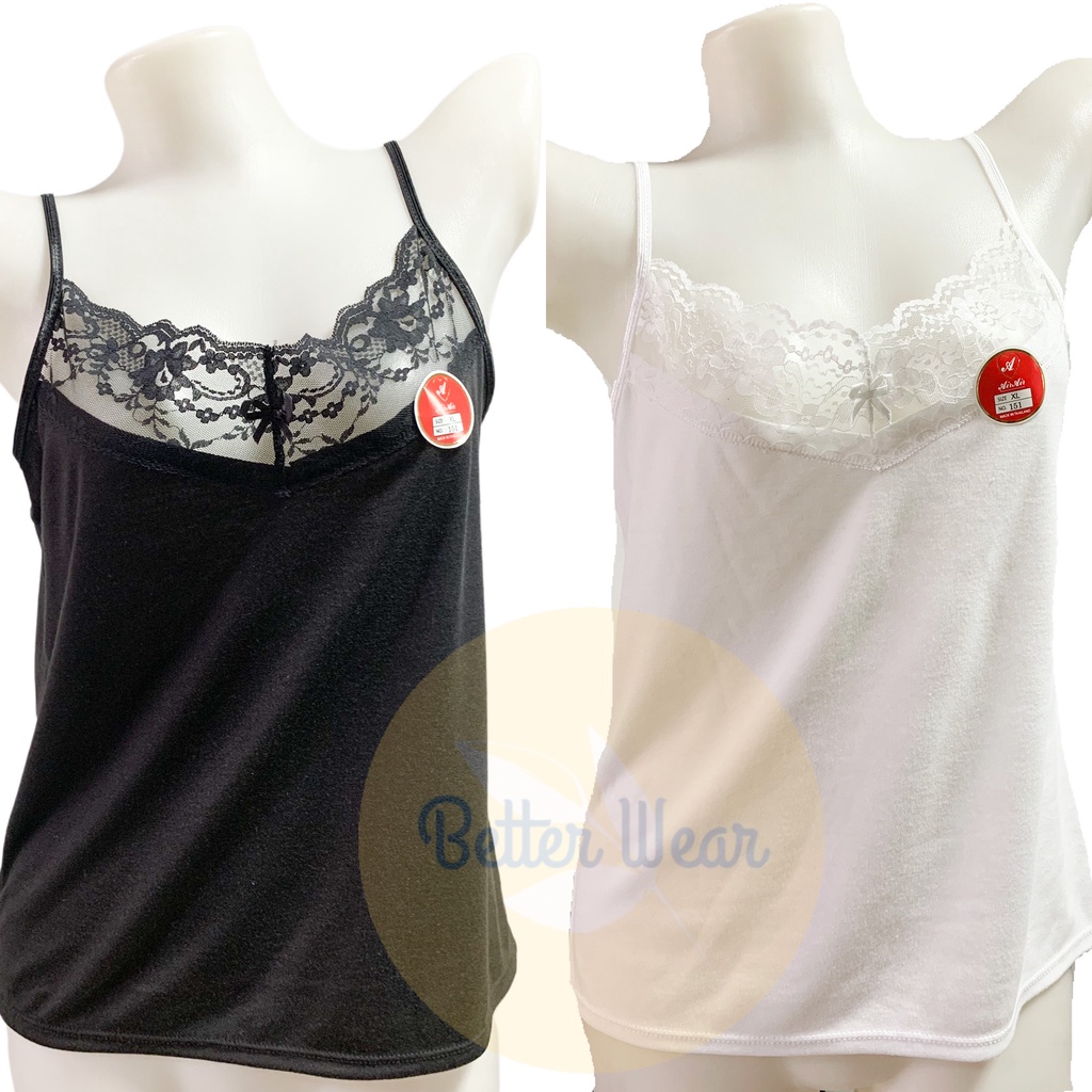 Air 151 เสื้อสายเดี่ยวคอวี ลายลูกไม้ซีทรู ผ้าคอตตอน สีขาว ดำ ไซส์ F-XL