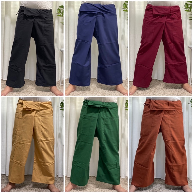 กางเกงผ้าฝ้าย สะดอมัดเชือกผ้าเมือง ขายาว (มีสีขาว ด้วยค่ะ)