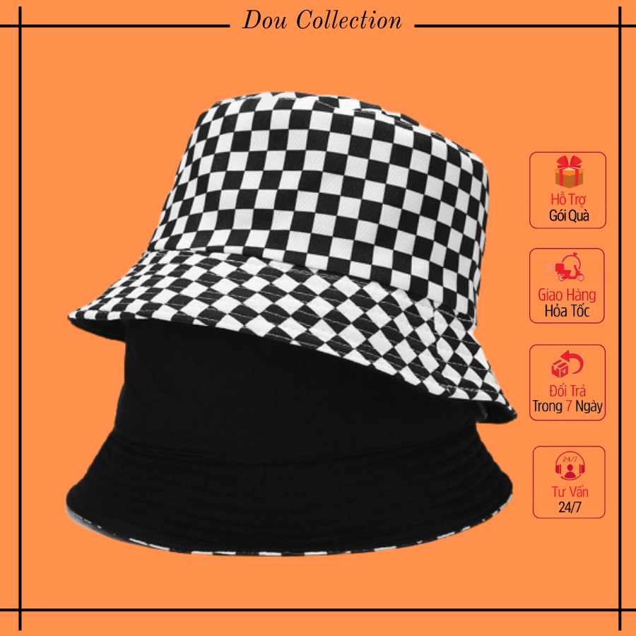 [Nowship2h] หมวกบักเก็ต unisex มีปีกสั้นสองด้านและลายตารางหมากรุก แฟชั่นฤดูใบไม้ร่วงและฤดูหนาวสีดํา 