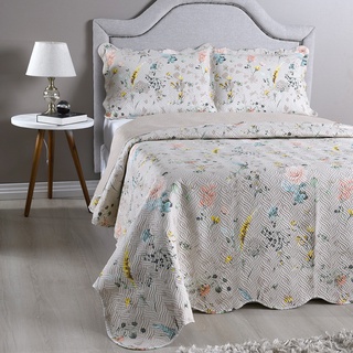 Kit Cobre Leito Colcha King 3 Peças Boutis Estampada Dupla Face Porta Travesseiro Aba Americana