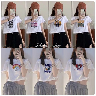 Mimi_shop❤️พร้อมส่ง❤️ เสื้อครอปแฟชั่น เสื้อผู้หญิง เเขนสั้นผ้าคอตตอนสกรีนลายการ์ตูนน่ารัก