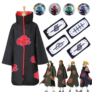 Anime Naruto Akatsuki Uchiha Itachi Deidara Pain Obito Costume Set Cosplay Cloak Adults Kids Cape Headband Ring for Halloween