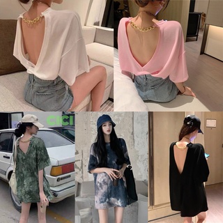 Cici(NO.8990)เสื้อยืดทรง Oversize แต่งโซ่เว้าหลัง ผ้านิ่ม ใส่สบาย