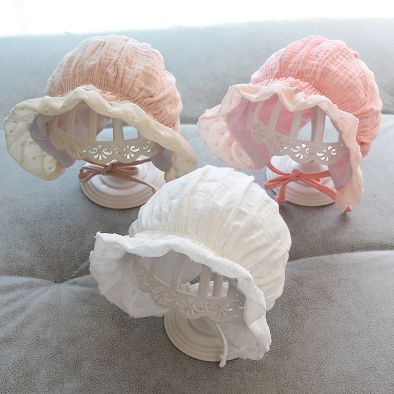 หมวกผ้าฝ้ายจับจีบพิมพ์ลายลูกไม้จับจีบแบบนุ่มน่ารักสําหรับเด็กทารก