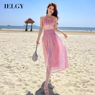 IELGY ชุดเดรส จับจีบ สีชมพู เอวเข้ารูป แฟชั่นสําหรับผู้หญิง