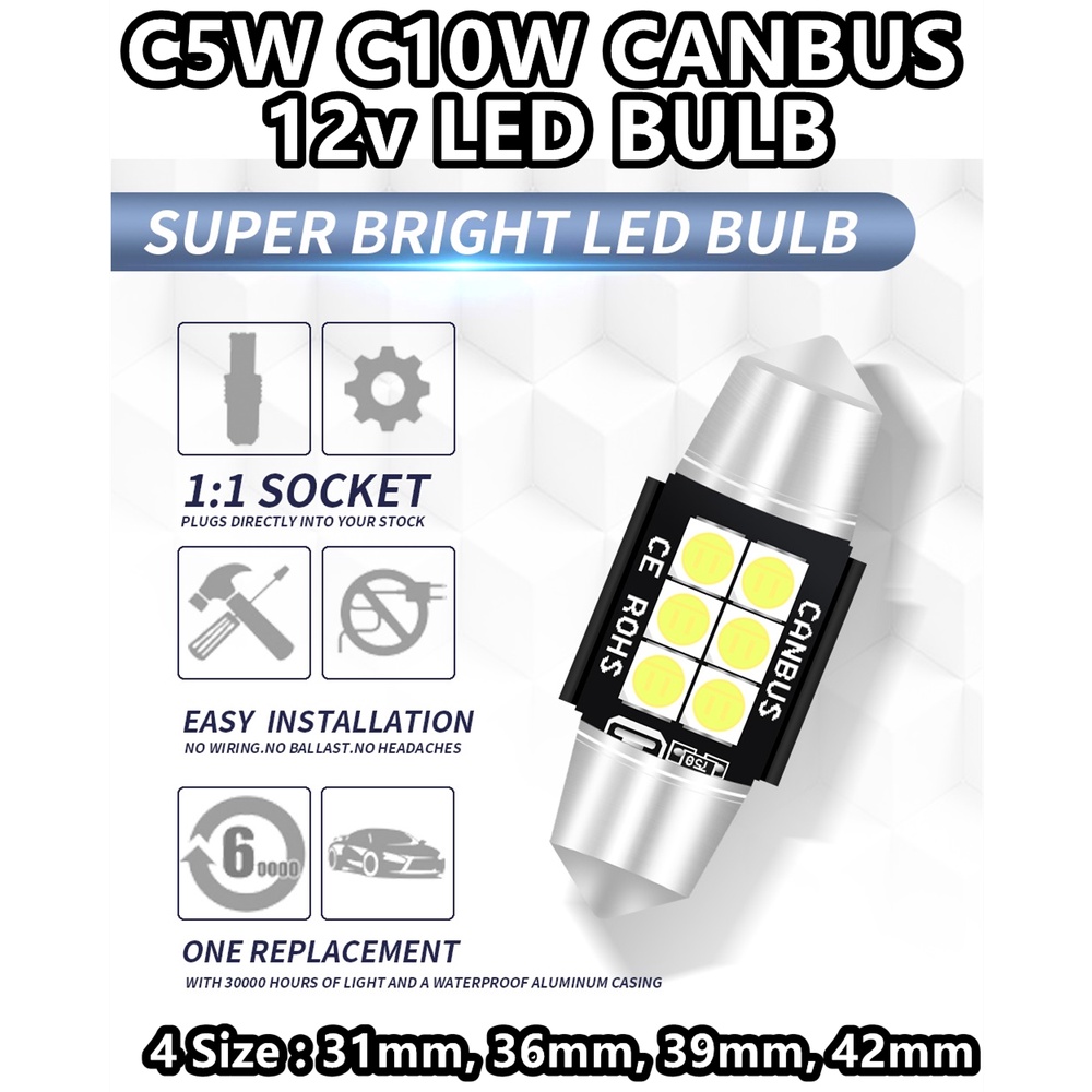 C5W C10W FESTOON 31 มม.36 มม.39 มม.42 มม. CANBUS 6000K 6 SMD LED BULB แผ่น Retrofit ภายในอ่านโคมไฟ