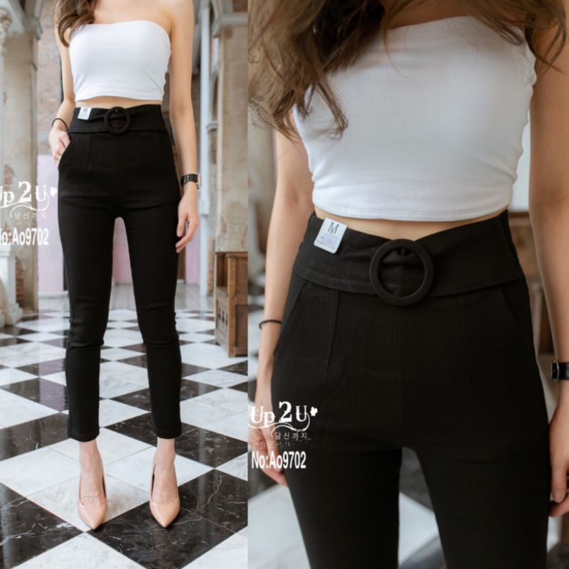 AO9702#สกินนี่เอวสูงแต่งเอวเข็มขัด มีS-XL#สกินนี่