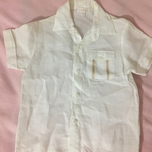ENFANT “100” เสื้อเชิ้ตผ้าลินินสีครีมแขนสั้น เสื้อเชิ้ตเด็ก