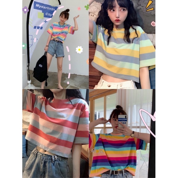 FK พร้อมส่ง เสื้อครอป ลายทาง สีรุ้งพาสเทล