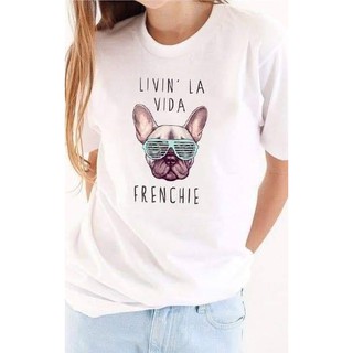 เสื้อยืดสีขาวทาสน้องหมาน้องแมว ลายLIVIN LA VIDA FRENCHIE