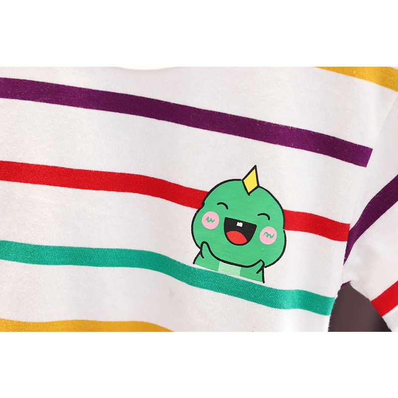 เสื้อยืดลายทางสีรุ้งแขนสั้น ชุดเอี๊ยมกระเป๋ามอนสเตอร์น้อย ชุดระบายอากาศฤดูร้อนสำหรับเด็ก - รูปที่ 3