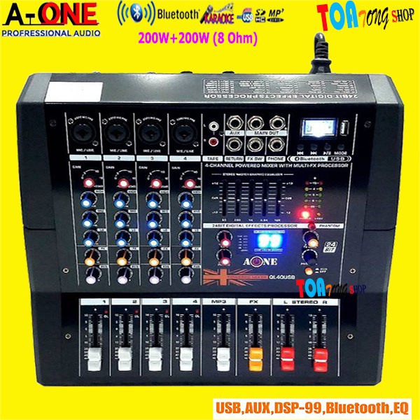 เพาเวอร์มิกเซอร์ 4ช่อง เครื่องผสมสัญญาณเสียงแบบมีกำลังขยายในตัว POWERMIXER BLUETOOTH DSP-99 A-ONE รุ่น QL-40 สินค้าคุณภา
