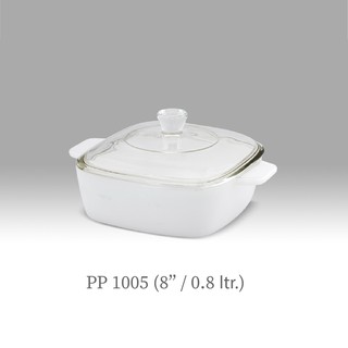 PEARL แก้วเนื้อมุก Square casserole with cover 8", 9", 10" โถแก้วทรงสี่เหลี่ยมพร้อมฝาแก้วใส