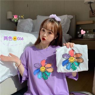 Women Korean Summer Flower Graffiti T-shirts Loose Short Sleeve Oversize Harajuku Tops