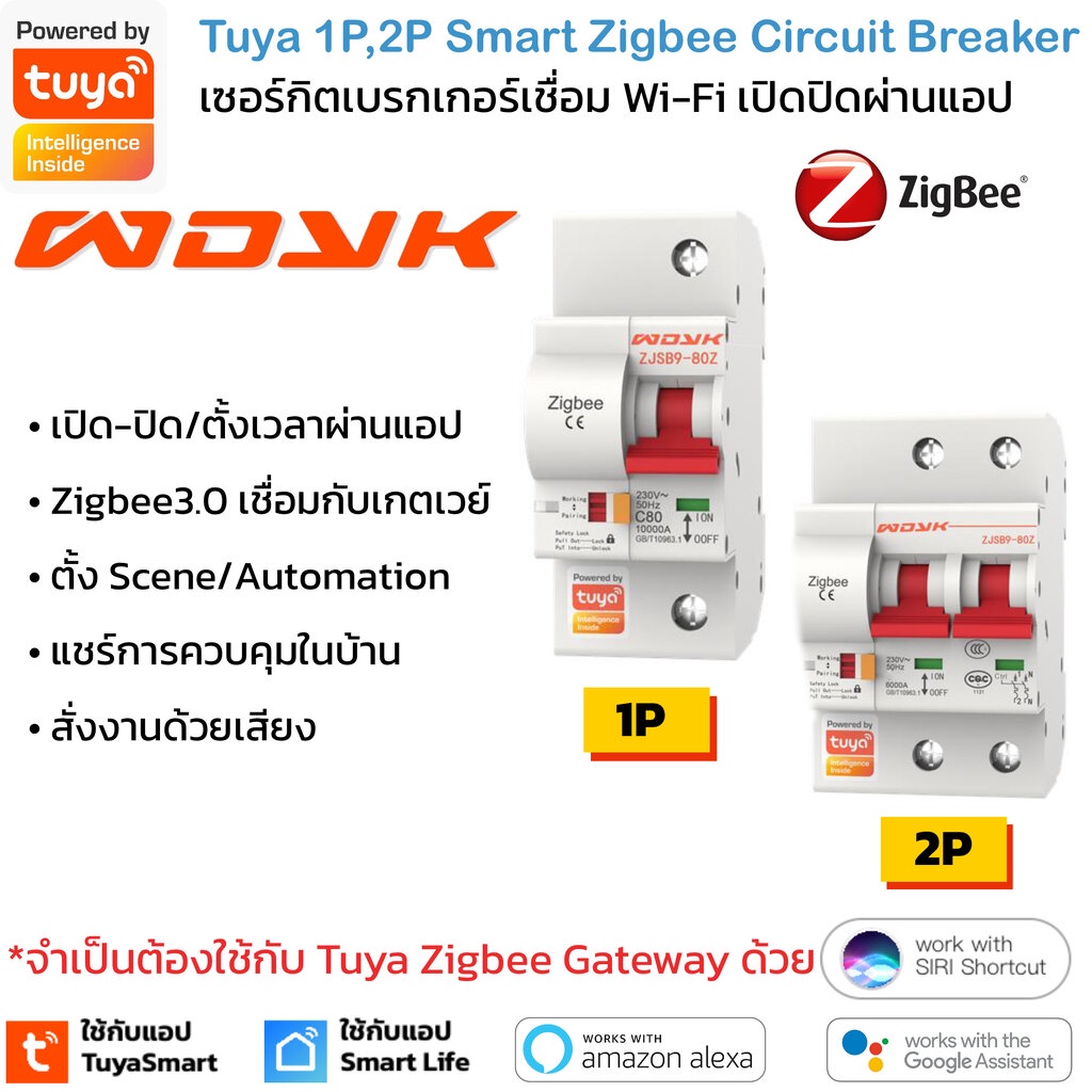 Tuya เซอร์กิตเบรกเกอร์ Zigbee 1P,2P เปิดปิด ตั้งเวลาผ่านแอป สั่งงานด้วยเสียง Google Home, Alexa-Circuit Breaker