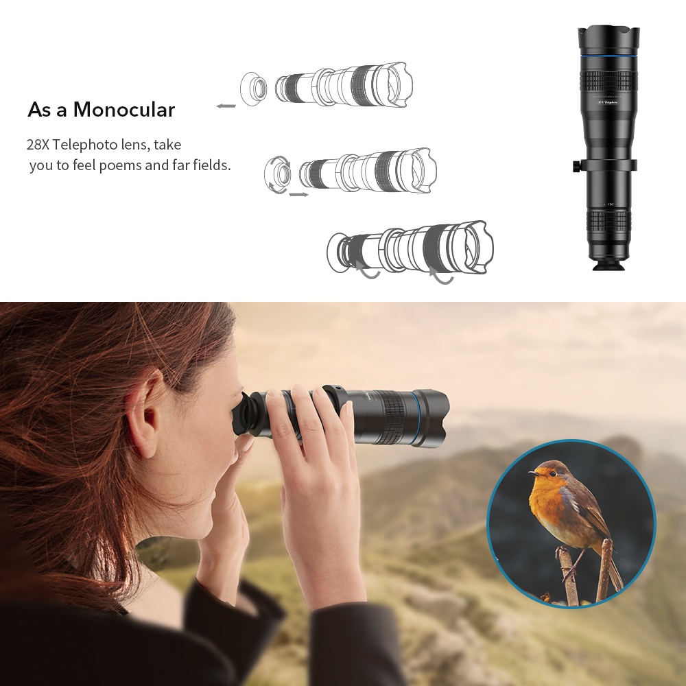 เลนส์กล้อง APEXEL 28X Telescope Lens Phone Camera Lens + SelfieTripod