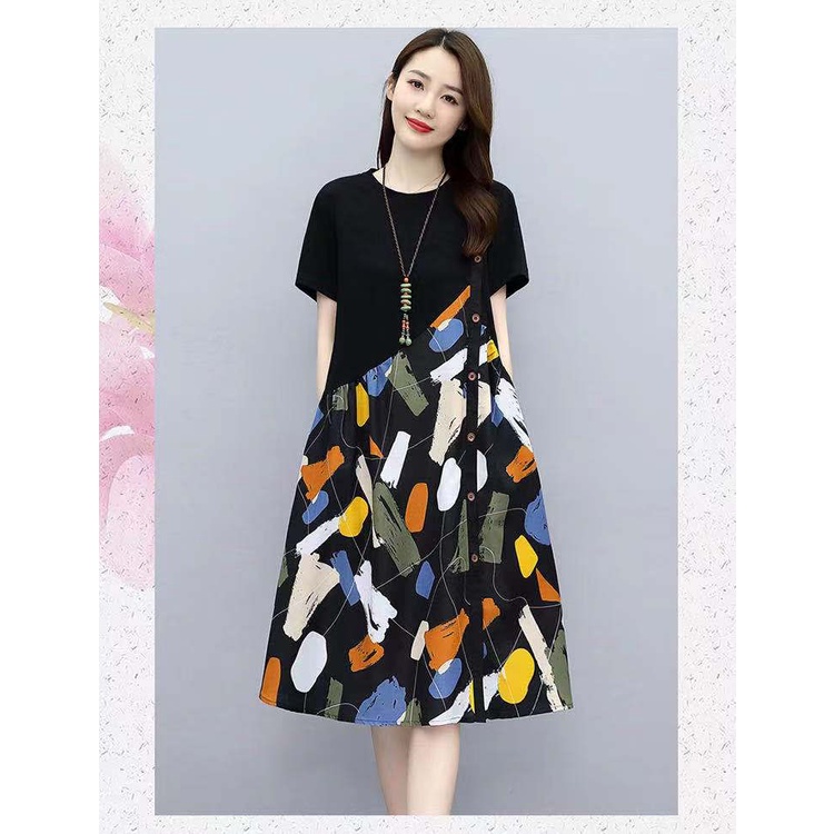 ลด 50% ใส่โค้ด INCLZ12 ชุดเดรสผ้าฝ้ายและผ้าลินินสำหรับสตรี 2022 แฟชั่นทรงหลวมชุดเดรสคอกลมแขนสั้น