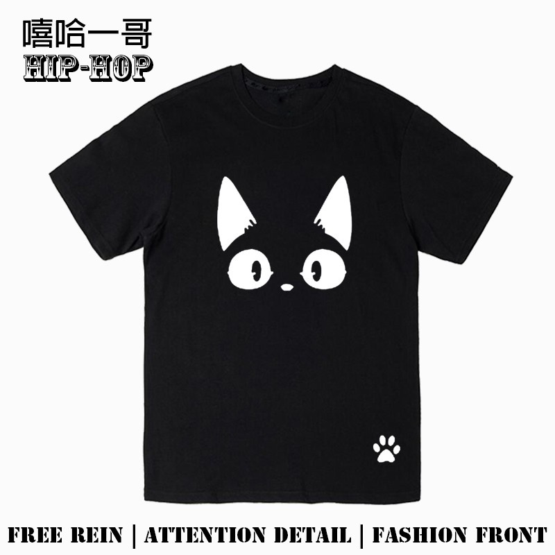 Mzosts Shop ผ้าฝ้ายแท้แขนสั้นแมวดํา Gigi แม่มดบริการการจัดส่งญี่ปุ่นข้อความอะนิเมะ Merchandise หลวมเ