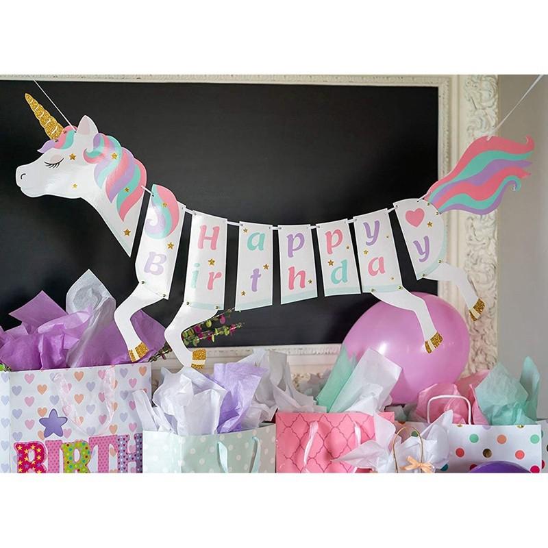 1 Set Happy Birthday Letter  Banner Garland Glittering Unicorn Paper Flag