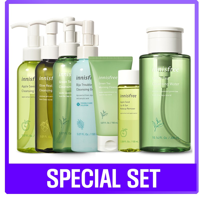 Innisfree Cleanser Set 2 Apple Seed Lip Eye Makeup Remover Green Tea Cleansing Oil Water Morning Cleanser Olive Real Cleansing Oil Apple Seed Cleansing Oil Bija Trouble Cleansing Gel Green Tea