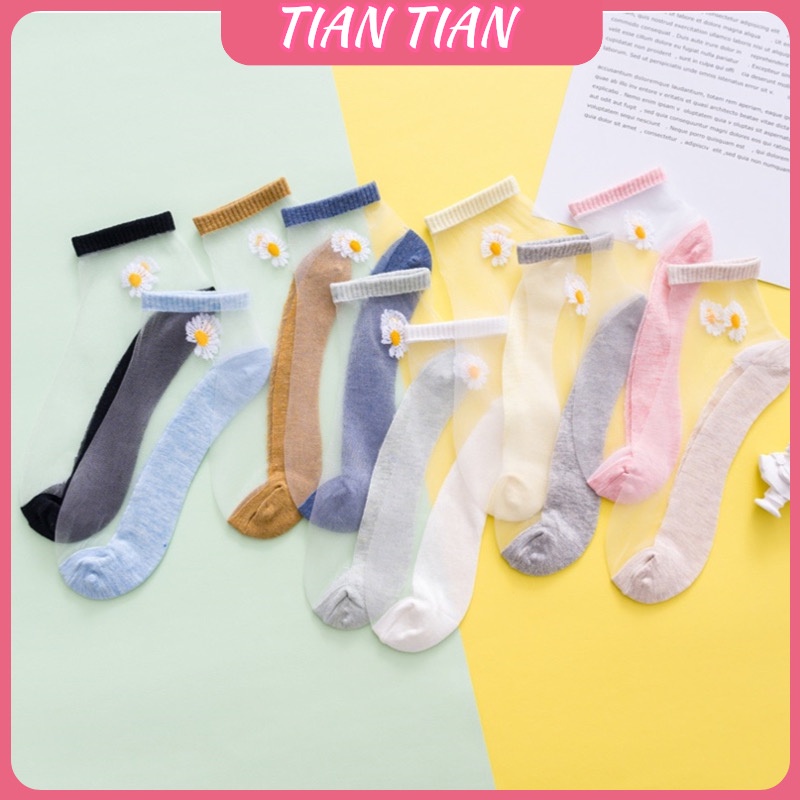 TIANTIAN T162 ถุงเท้าข้อสั้น ผ้าฝ้าย แบบบาง ระบายอากาศได้ดี ลายดอกเดซี่ แฟชั่นฤดูร้อน สไตล์เกาหลี สําหรับผู้หญิง