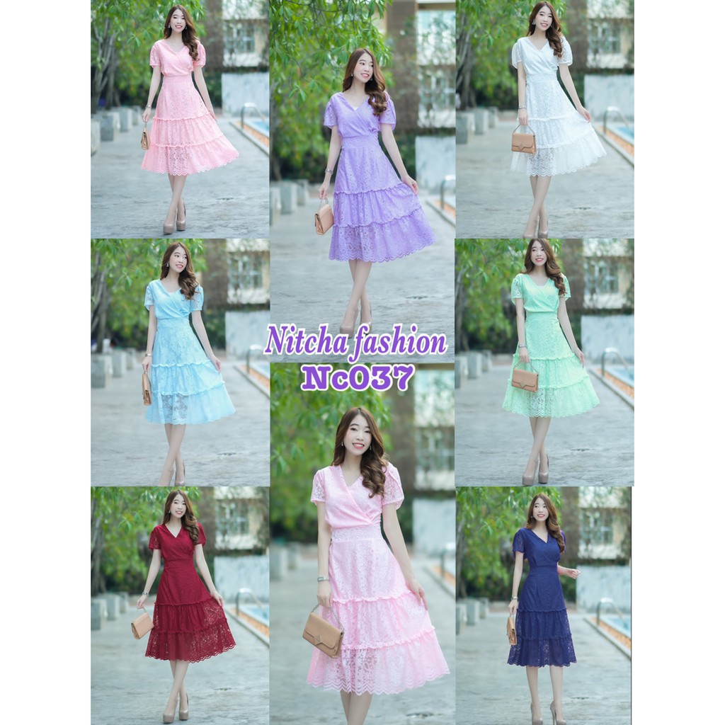 NCB037 เดรสลูกไม้คอป้ายสาวอวบ ไม่อวบ