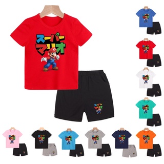 **เสื้อยืดแขนสั้นผ้าฝ้ายพิมพ์ลายการ์ตูน Super Mario และกางเกงสําหรับเด็ก