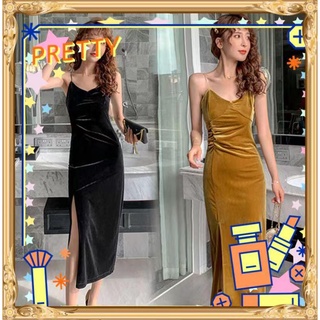 New summer suspenders sexy V-neck slit dress mid-length