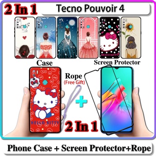 2 IN 1 เคส Tecno Pouvoir 4 เคส พร้อมกระจกนิรภัยกันรอยหน้าจอ เซรามิค ทรงโค้ง สําหรับเด็กผู้หญิง และคิตตี้