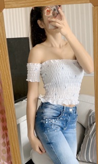 เนื้อผ้าคอตตอน ใส่สบาย เสื้อสม๊อค มีแขน ปาดไหล่ได้ อก 32-40 ยาว 33 cm.