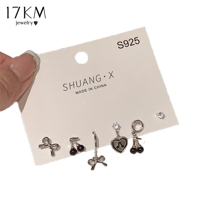 17 กม. 6 ชิ้น / เซต หวาน เท่ สีดํา เชอร์รี่ ต่างหู สําหรับผู้หญิง โบว์ คริสตัล ต