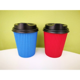 Promotion!! แก้วกระดาษ Blue/Red ripple wall paper cup with black lid 8oz