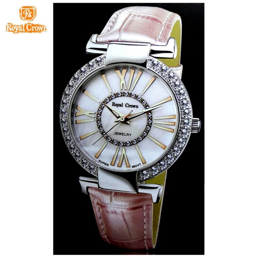 Royal Crown นาฬิกาข้อมือผู้หญิง สายหนังแท้ ประดับเพชร cz อย่างดี รุ่น 6116 -(Pink)