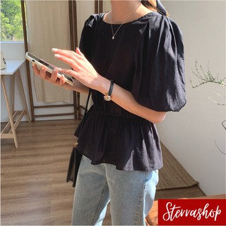 Sterrashop - sliky cotton top เสื้อแขนตุ๊กตา เอวจั้มระบาย ทรงน่ารัก ผ้ามีเหลือบสวย