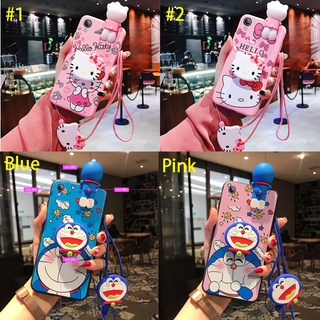 เคสโทรศัพท์มือถือ ซิลิโคนนิ่ม ลายการ์ตูนคิตตี้ โดราเอมอน พร้อมสายคล้อง และขาตั้ง สําหรับ VIVO Y91C Y1s