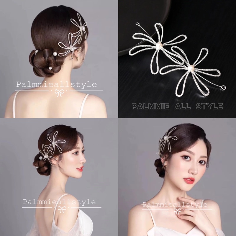 ที่คาดผมเจ้าสาว​ หรือใส่ออกงาน​ สีเงินรุ่นดอกไม้ไซส์ใหญ่​ 2 ดอกสไตล์เจ้าสาวลุคหวานๆ​ประดับคริสตัลและเกสรมุก