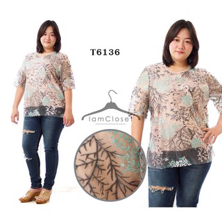 T6136 เสื้อคนอ้วน : Size รอบอก 46, 50 นิ้ว เสื้อผ้าตาข่ายปักลายสวยงามทั้งตัว ซับในสีชมพูหม่น (ปักเขียว)