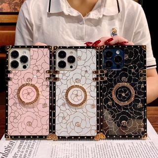 For Samsung Galaxy S22 Ultra S22 PlUS S20 S21 FE A03S Luxury Flower Camellia Square Phone Case With Finger Ring Bracket