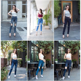 กางเกงยีนส์เอวสูงขาเดฟ ผู้หญิง(Womans Jeans) 👖👖ปิดสะดือสไตล์วิเทจแบบกระดุม 1เม็ด ขาดเข่า ใส่แมทช์กับอะไรก็สวย