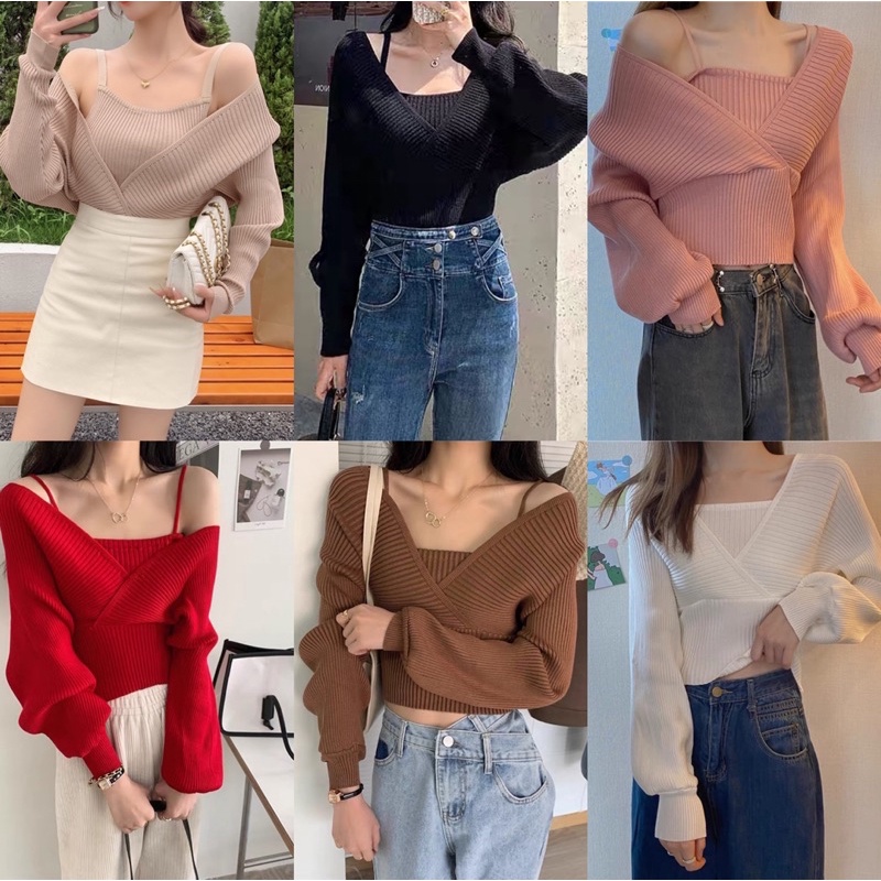 ส่งทันที Cici(NO. 868-1)เสื้อไหมพรมแขนยาว สายเดี่ยวด้านในเบาๆ เย็บติดกัน